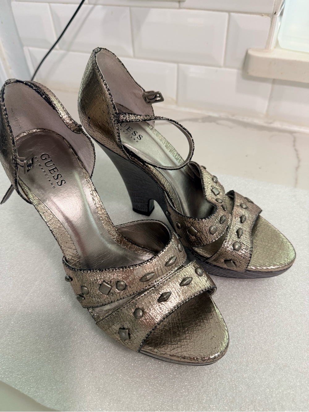GUESS Metallic Bronze Studded Peep-Toe Heels